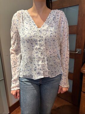 Mango White V-Neck Floral Button-Front Blouse